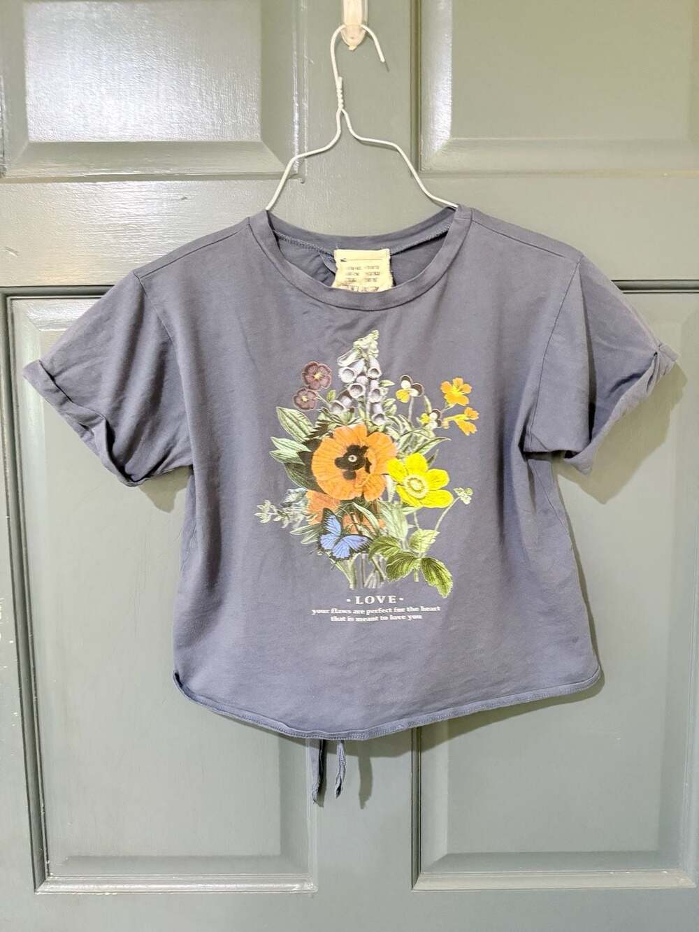 French Pastry Floral Graphic T-Shirt - Open Tie Back Woman's Sz S
